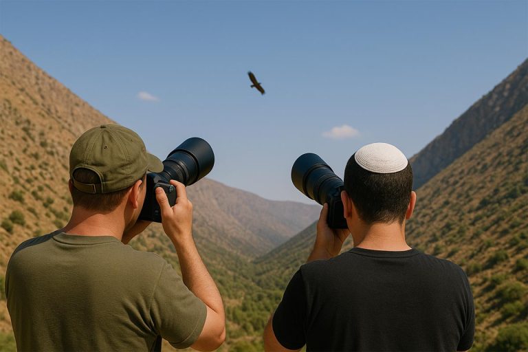 Два фотографа фотографируют птицу в небе