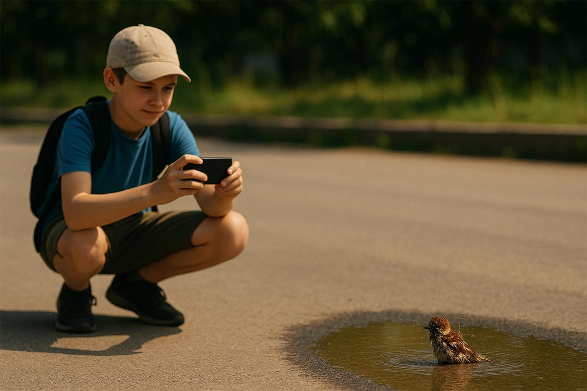 Ребёнок фотографирует воробья, купающегося в луже
