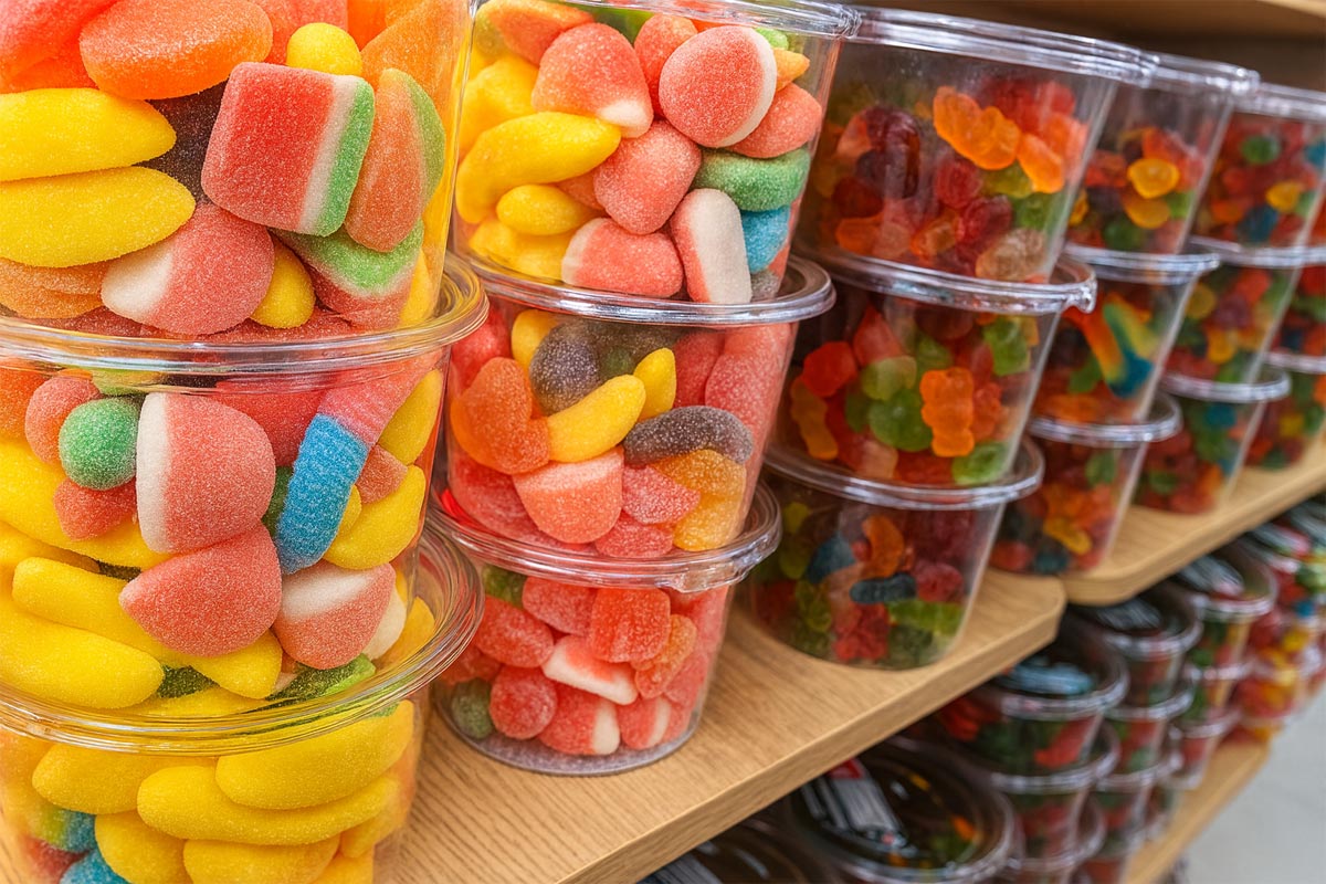 Жевательные конфеты на полке в магазине
